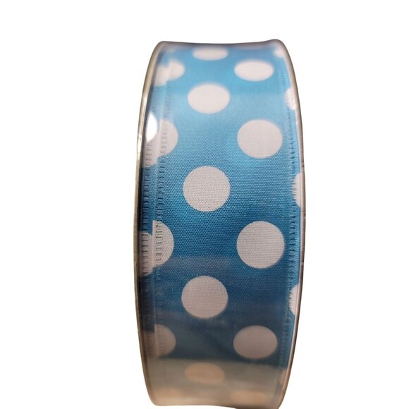 Members Mark Premium Ribbon 1.5" Wide x 50 Yards Wired Blue Polka Dot - Picture 1 of 4